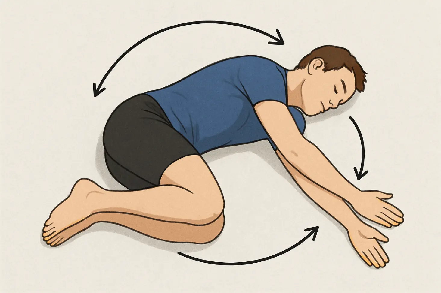 Bird&#39;s-eye view: Person rotates top arm open while lying on side, hips/knees stacked.