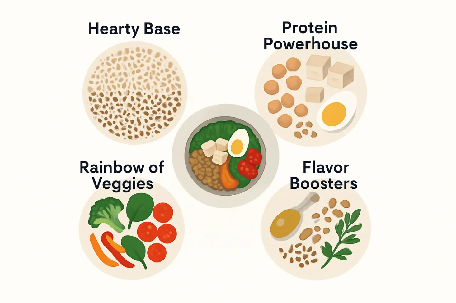 Clean, modern infographic illustrating the four components of vegetarian meal prep: hearty bases, protein power, roasted vegetables, and flavor boosters, culminating in a perfect bowl.