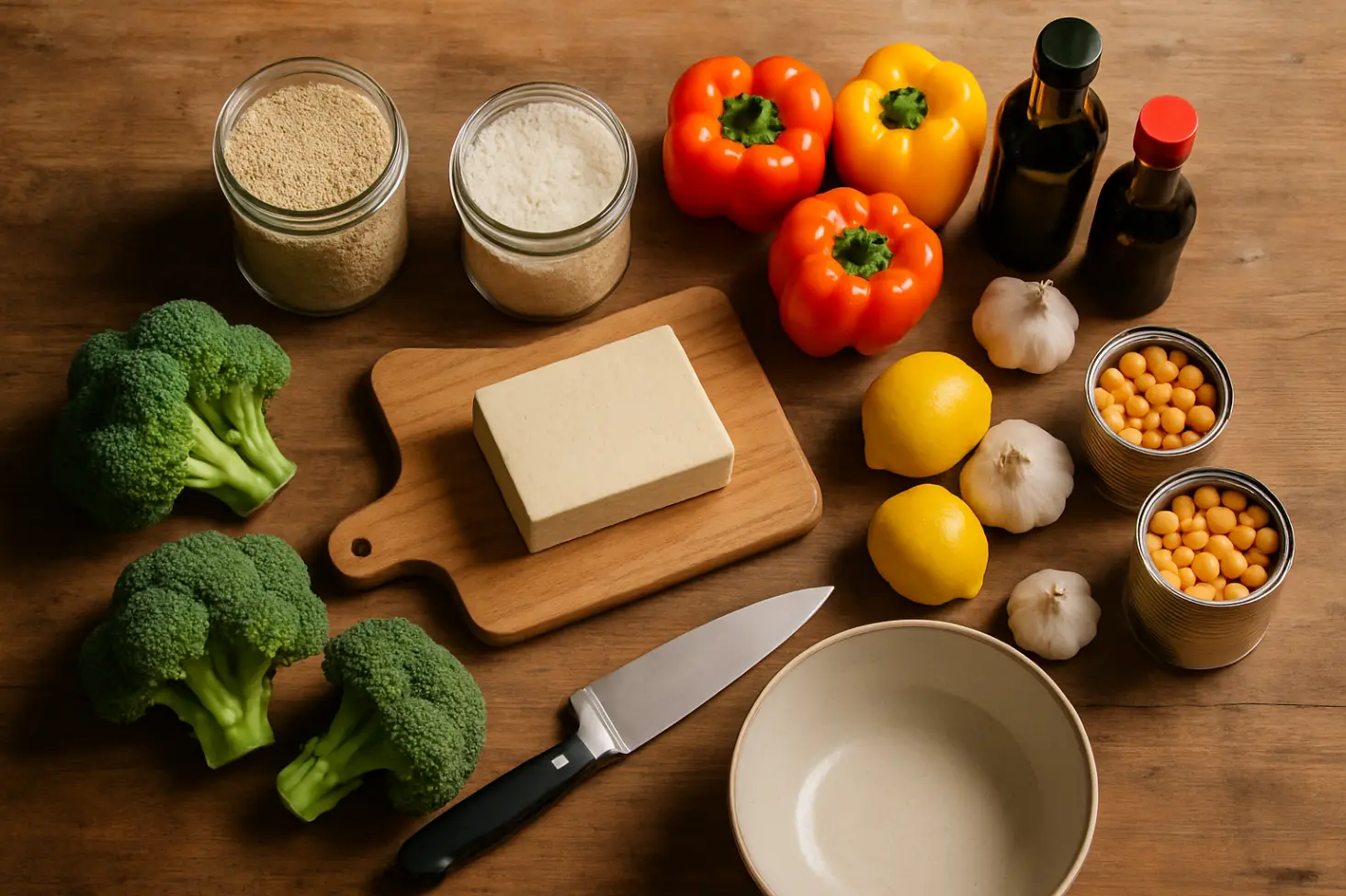 Neatly arranged raw ingredients for meal prep on a wooden counter, including tofu, broccoli, bell peppers, grains, and spices, ready to be cooked.