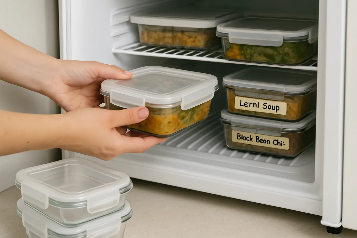 Hands placing a sealed glass container of prepared vegetarian lentil soup into an organized, frosty freezer filled with other labeled meals.