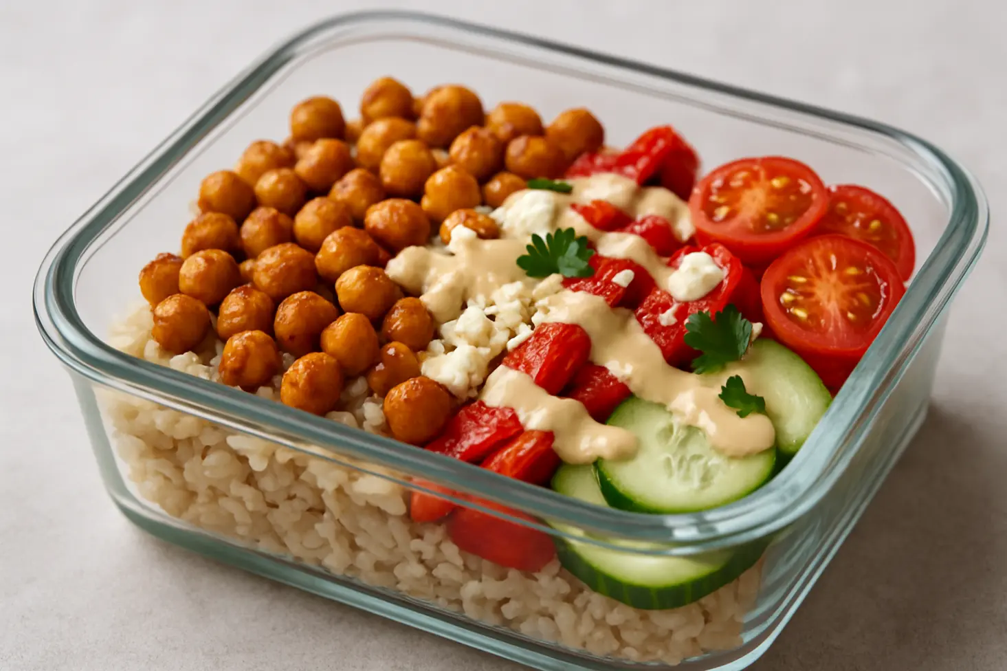 Close-up side view of a delicious Mediterranean meal prep bowl with brown rice, roasted chickpeas, cherry tomatoes, cucumbers, feta cheese, and drizzled tahini dressing.