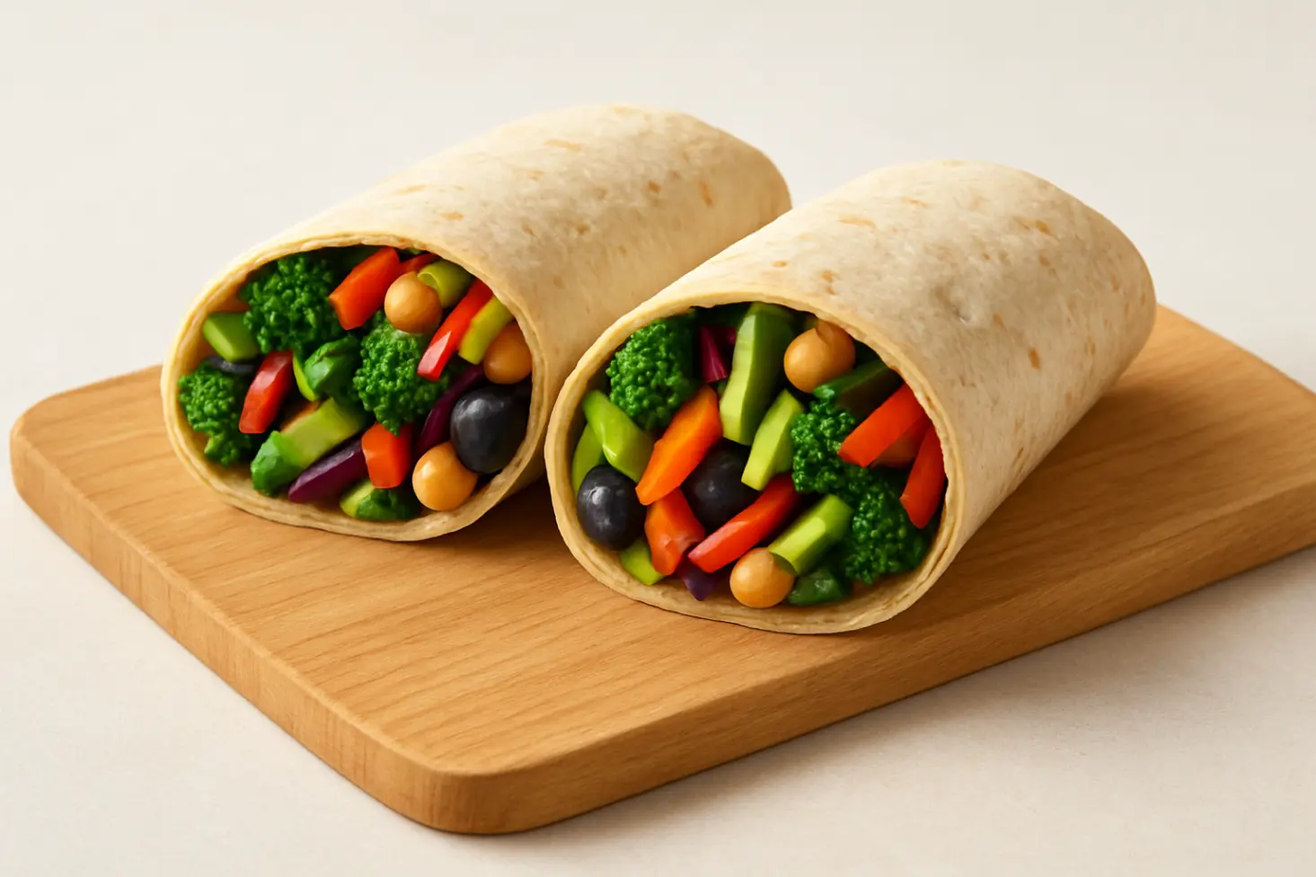 Step-by-step photo showing how to spread hummus as a barrier on a whole-wheat wrap to prevent sogginess, next to the finished, sliced wrap.