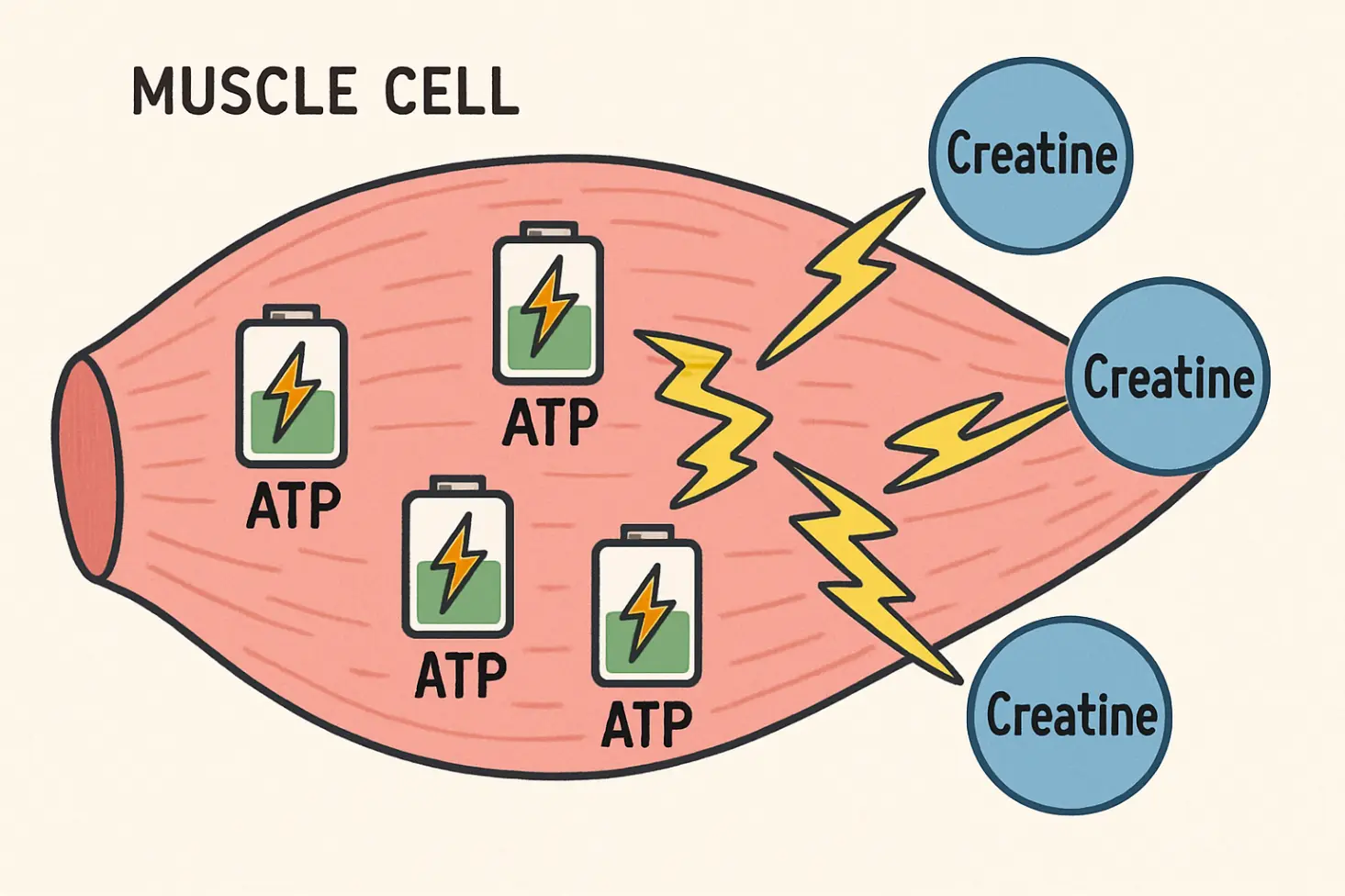 A simple diagram of a muscle fiber cell with small energy symbols (ATP) being recharged by creatine molecules, visualizing the "battery" analogy.