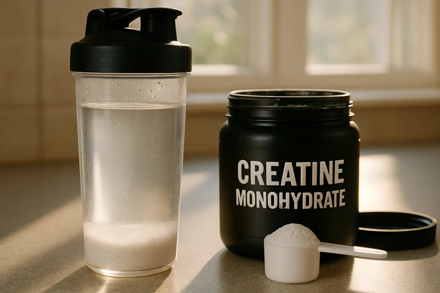 A shaker bottle with visible, undissolved grit of creatine monohydrate at the bottom, next to an open supplement tub.