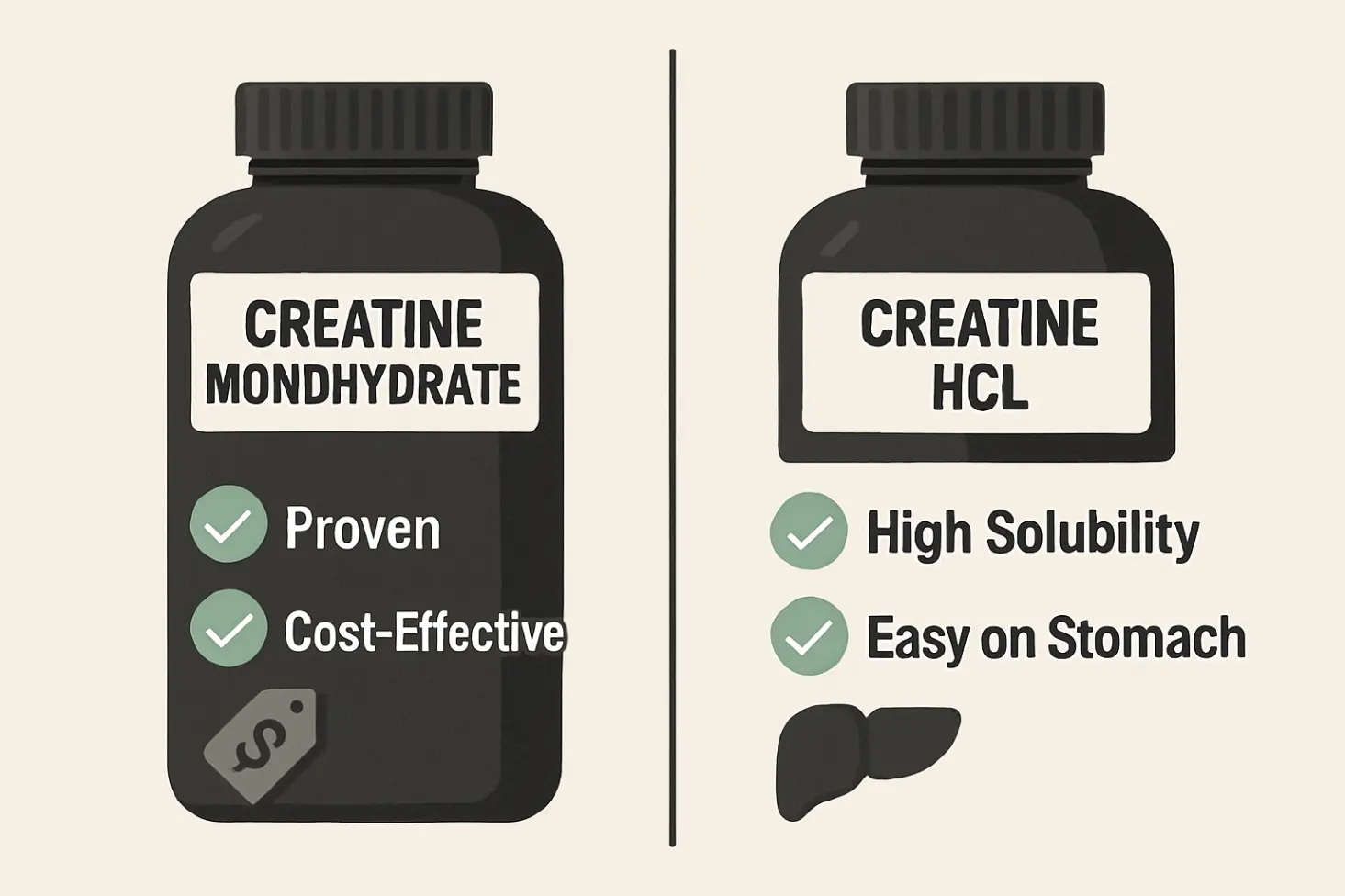 A clean graphic with two columns featuring icons for price, solubility, and effectiveness, summarizing the key differences between the two types.