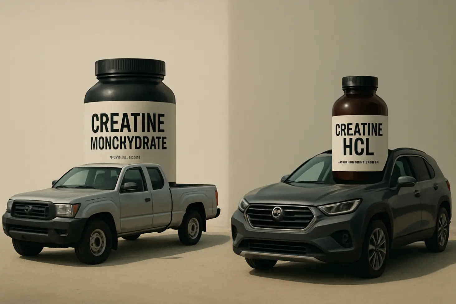 A conceptual photo with a sturdy pickup truck representing creatine monohydrate and a sleek SUV representing creatine HCL, capturing the article